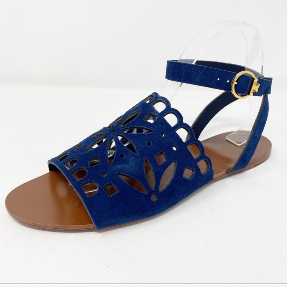 Tory Burch May flat Lancaster suede perfect navy blue ankle strap sandals 6.5
